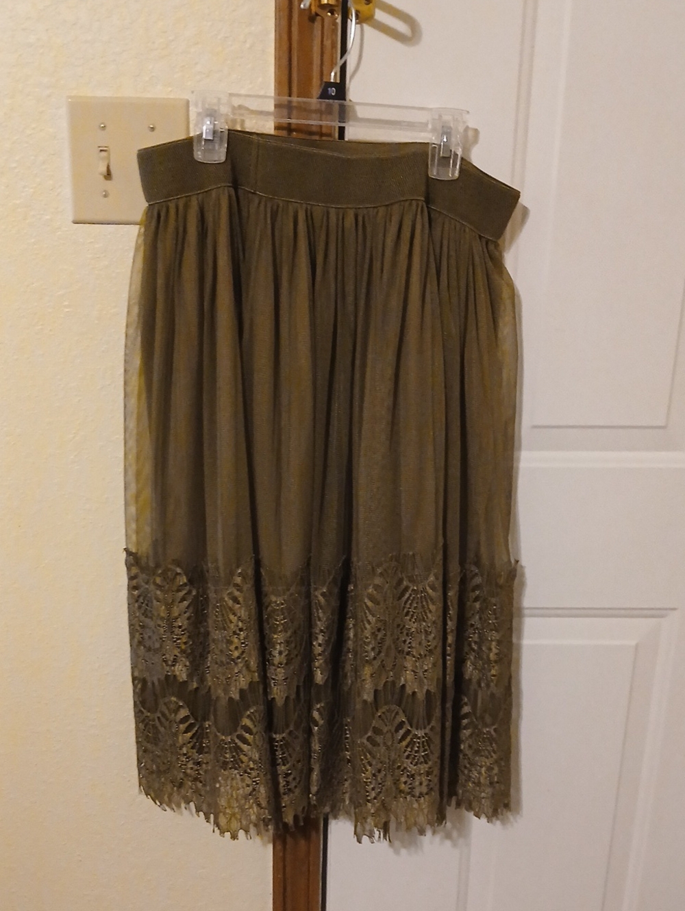 Cato Olive Lace-Trim Midi Skirt